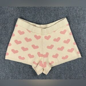 Pink Lily Pink Heart Knit Lounge Shorts Cream Cozy Pull On Size M